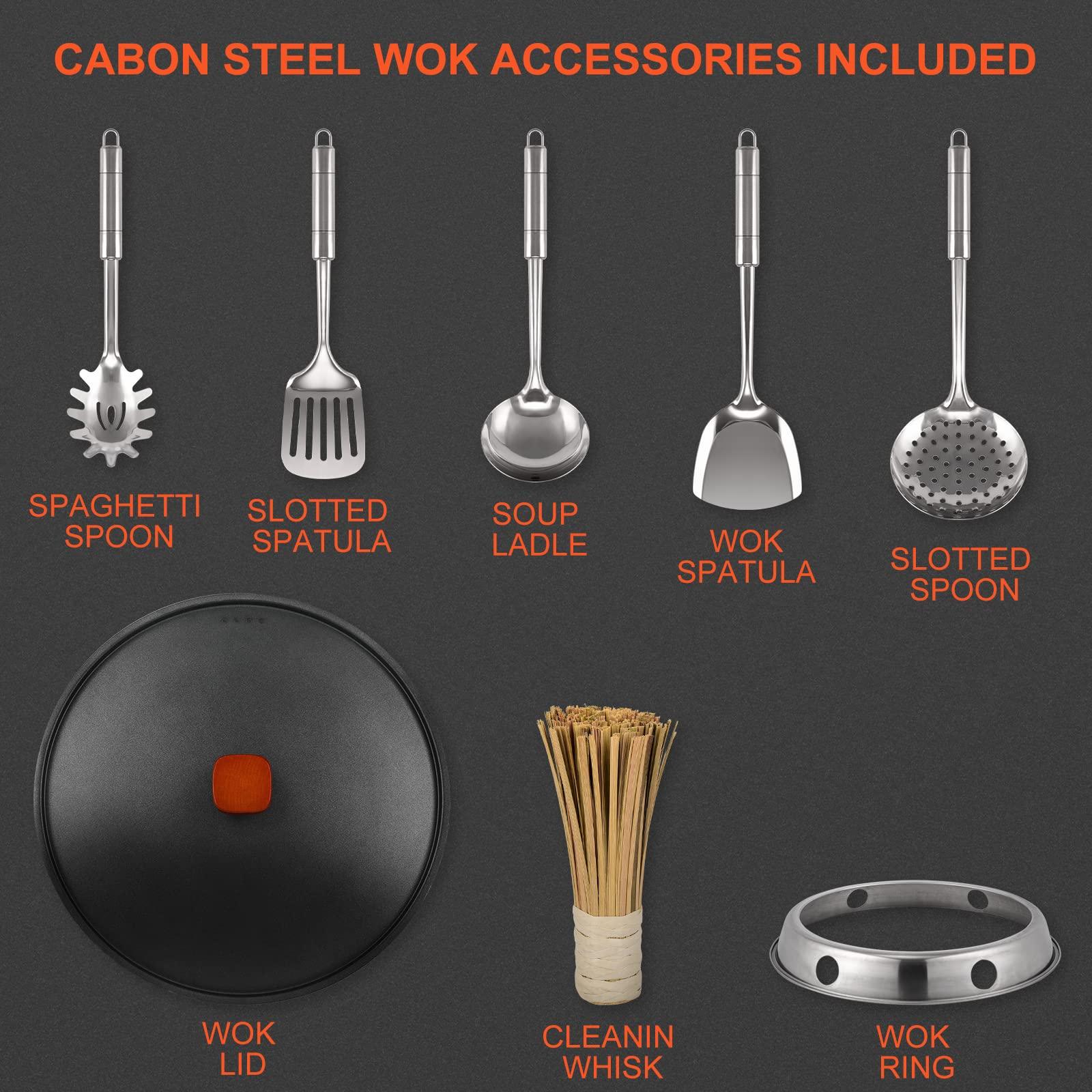 Wok Pan with Lid - 13" Nonstick Wok, Carbon Steel Woks & Stir-Fry Pans Set with 7 Cookwares, No Chemical Coated Flat Bottom Chinese wok, for Electric, Induction and Gas Stoves - CookCave