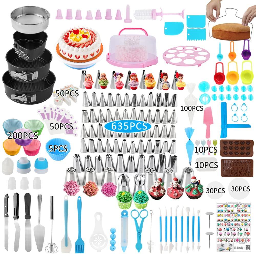 Cake Decorating Kit,635 Pcs Decorating Supplies With 3 Springform Pan Sets Icing Nozzles Rotating Turntable Cake Topper Piping Bags Carrier Holder,Cake Baking Set Tools - CookCave