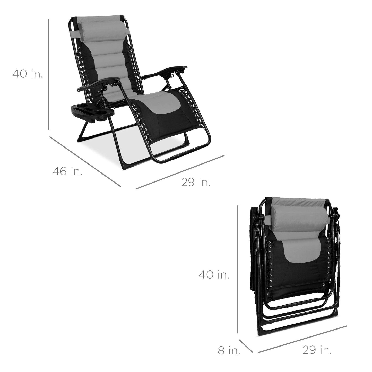 Best Choice Products Oversized Padded Zero Gravity Chair, Folding Outdoor Patio Recliner, XL Anti Gravity Lounger for Backyard w/Headrest, Cup Holder, Side Tray, Polyester Mesh - Gray - CookCave