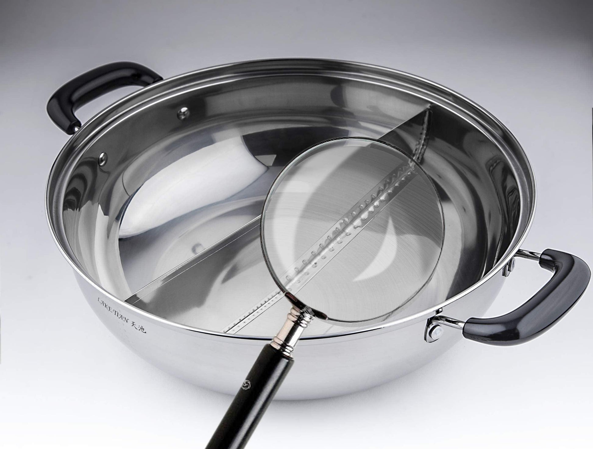 Lake Tian Stainless Steel Shabu Shabu Hot Pot, Dual Sided Yin Yang Hot Pot with Divider Include 3 Pot Spoons, 12 Inch 30 cm鸳鸯火锅 - CookCave