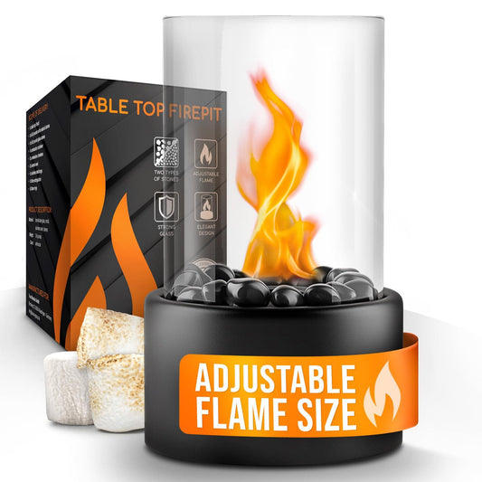 Flammtal Tabletop Fire Pit [4h Burning Time] - Indoor & Outdoor - Ethanol Table Top Fire Bowl with Black & White Stones - Portable Fire Pit with 2 Combustion Chambers - CookCave