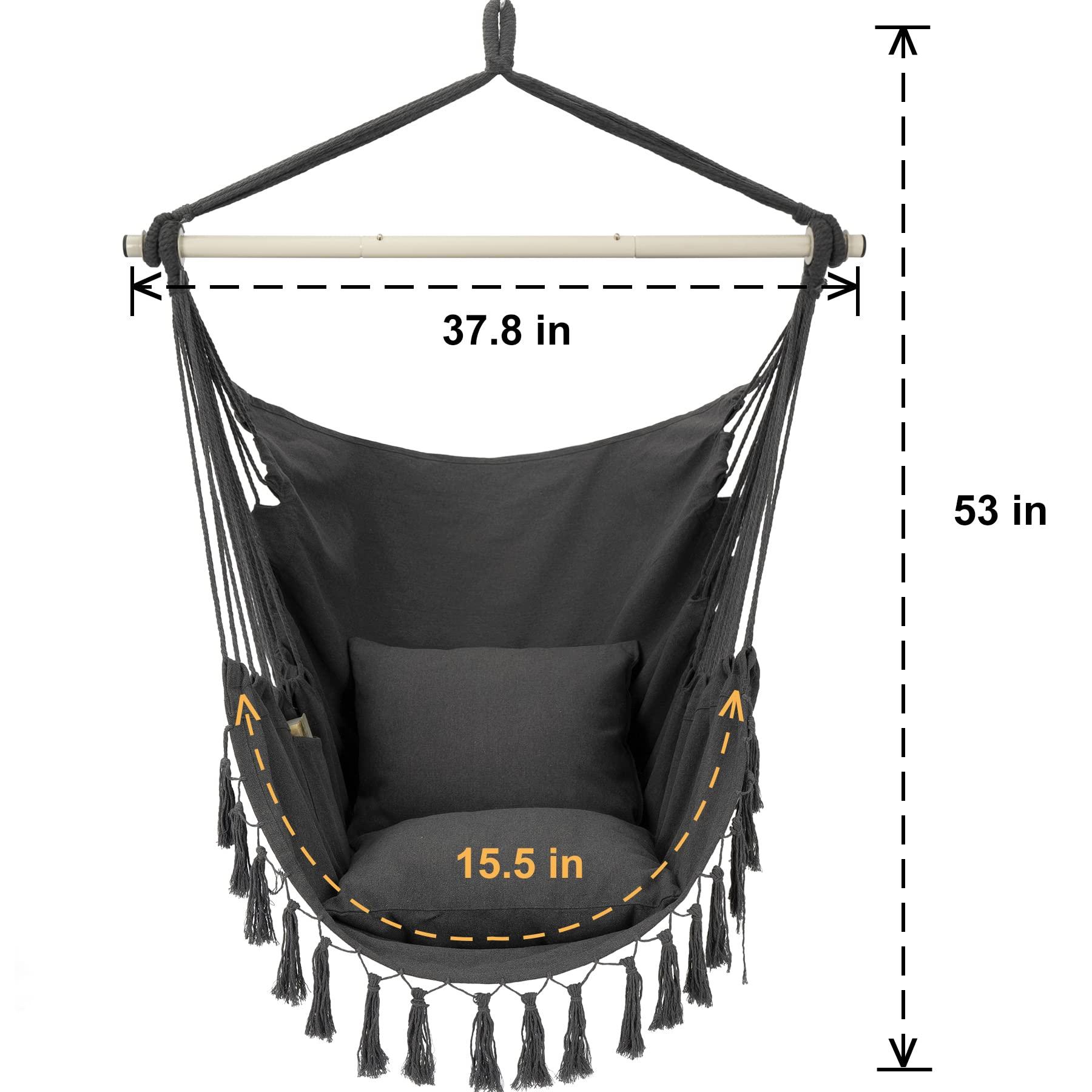 Y- STOP Hammock Chair Hanging Rope Swing, Max 500 Lbs, 2 Cushions Included, Large Macrame Hanging Chair with Pocket, Cotton Weave for Superior Comfort, Durability (Dark Grey) - CookCave