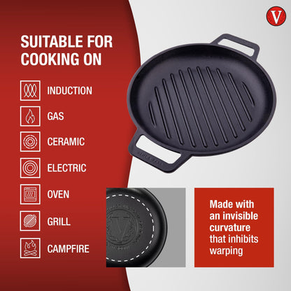 Victoria Cast Iron Round Grill Pan with Double Loop Handles, Made in Colombia, 10 Inches - CookCave