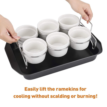 Creme Brulee Making Set - 6 Porcelain Ramekins 6 oz, 304 Stainless Steel Lifting Rack, 9" X 13" Bottom Pan - CookCave