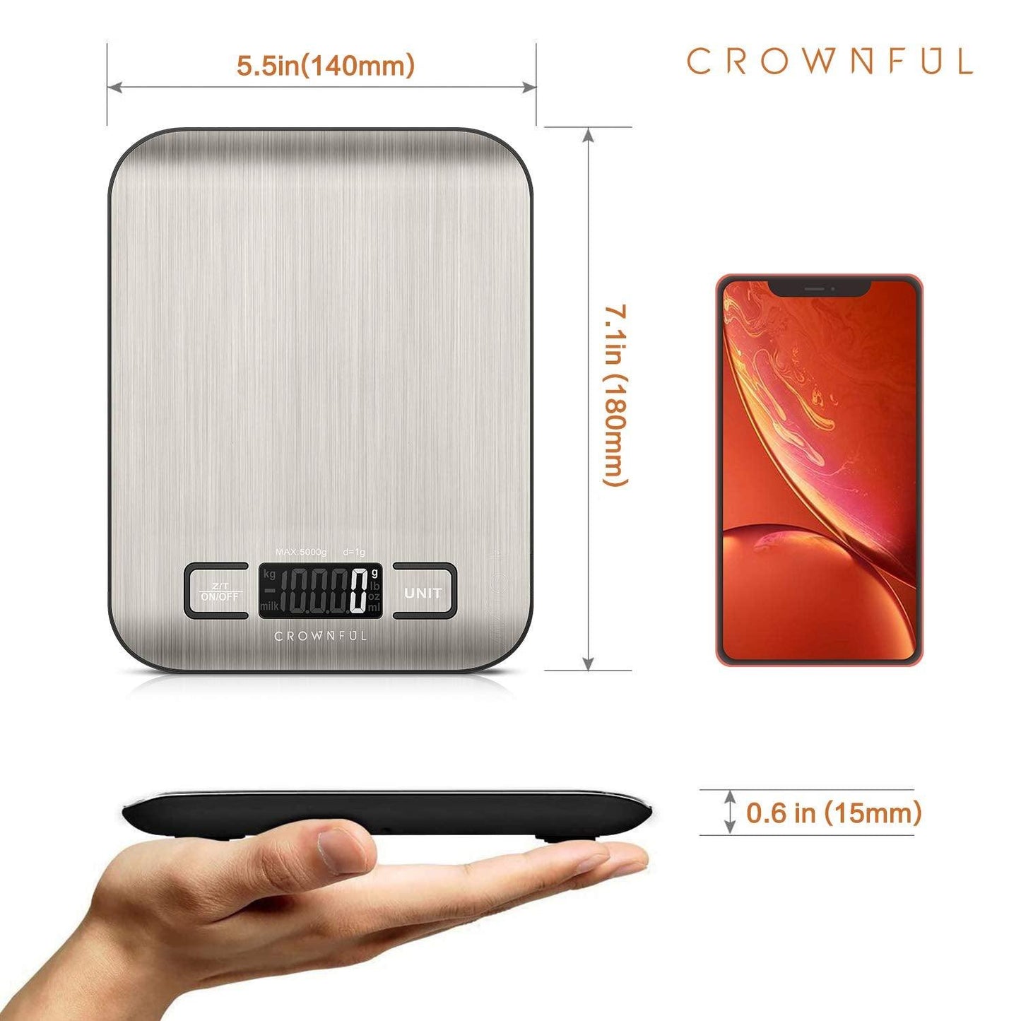 CROWNFUL Food Scale, 11lb Digital Kitchen Scales Weight Ounces and Grams for Cooking and Baking, 6 Units with Tare Function (Battery Included) - CookCave