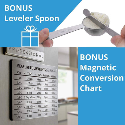 Stainless Steel Measuring Cups and Spoons Set of 16-7 Cup & 7 Spoon + Conversion Chart & Leveler - Kitchen Measuring Spoons and Cups - Dry Measure Cups Stainless Steel & Baking Metal Measuring Cups - CookCave