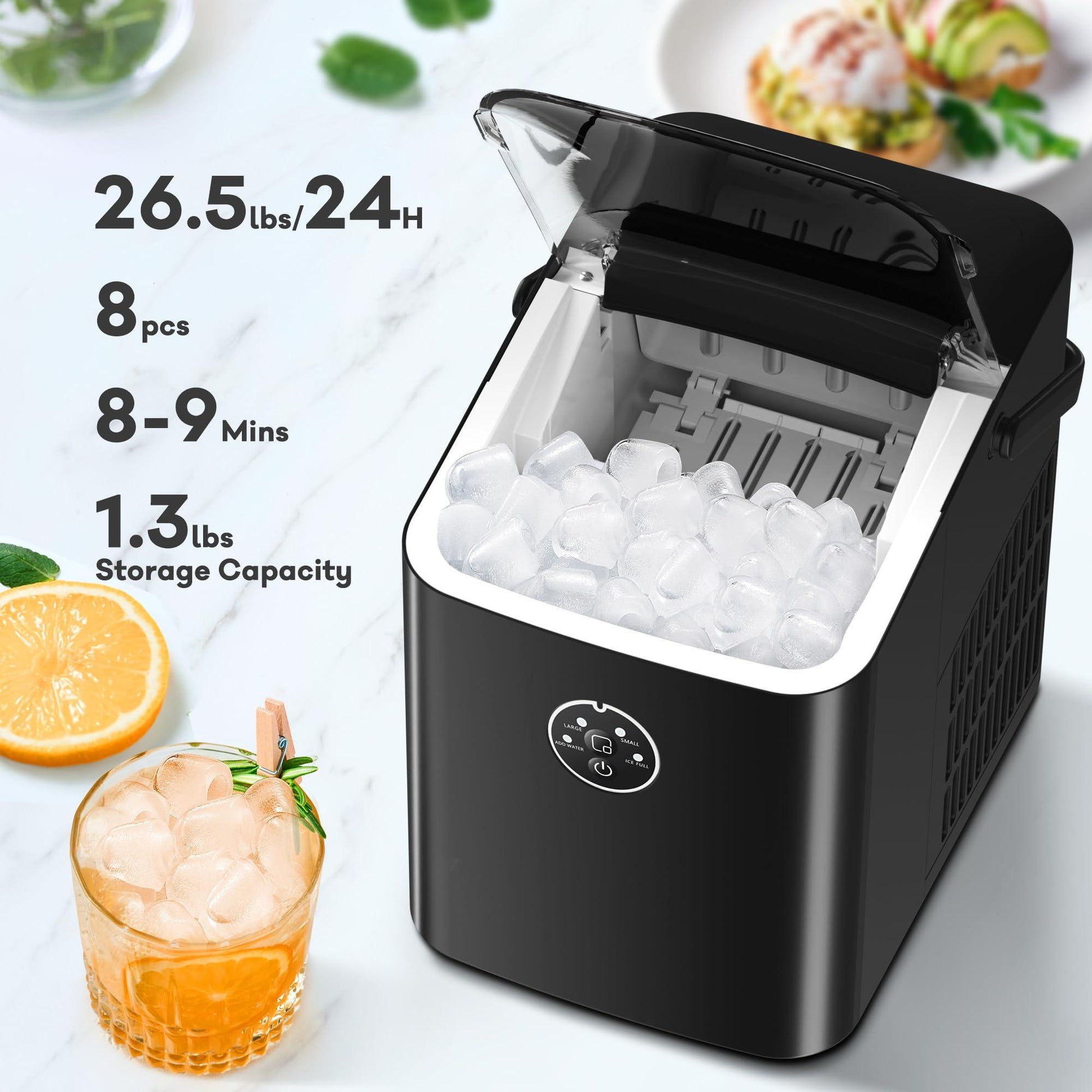 ZAFRO Ice Maker Countertop Ice Machine, 2 Sizes S/L 8 Bullet Ice Ready in 9 Mins, 26.5lbs/24H, Portable Small Ice Maker with Self-Cleaning,Scoop,Basket and Handle,Black for Home/RV/Office/Bar - CookCave