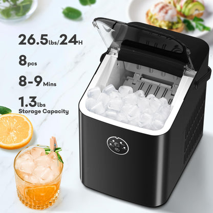 ZAFRO Ice Maker Countertop Ice Machine, 2 Sizes S/L 8 Bullet Ice Ready in 9 Mins, 26.5lbs/24H, Portable Small Ice Maker with Self-Cleaning,Scoop,Basket and Handle,Black for Home/RV/Office/Bar - CookCave