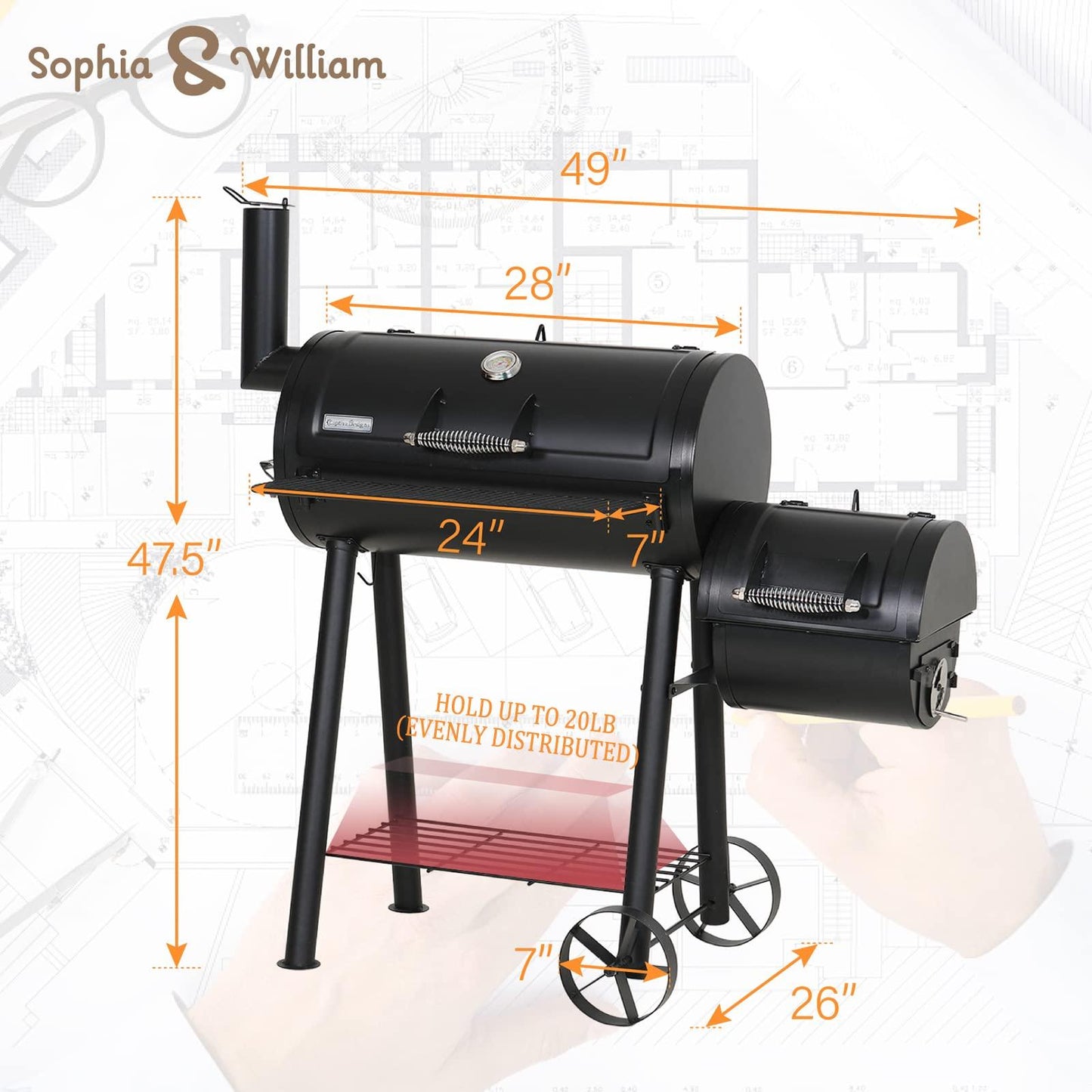 Sophia & William Charcoal Grill with Offset Smoker, 512 Square Inches Outdoor BBQ Grill Offset Charcoal Smoker for Patio, Garden, Picnics, Camping, Backyard Cooking, Black - CookCave