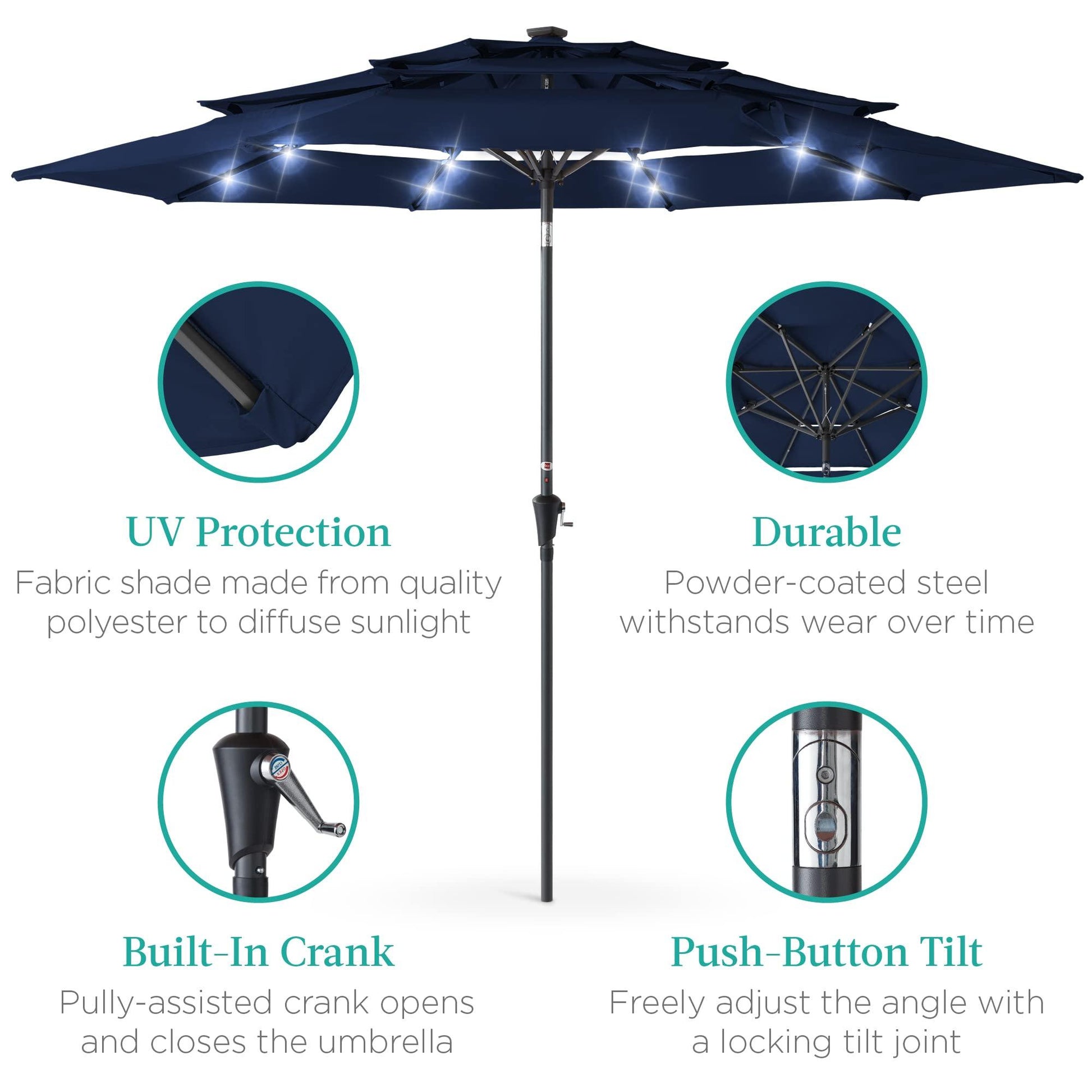 Best Choice Products 10ft 3-Tier Solar Patio Umbrella, Outdoor Market Sun Shade for Backyard, Deck, Poolside w/ 24 LED Lights, Tilt Adjustment, Easy Crank, 8 Ribs - Navy - CookCave