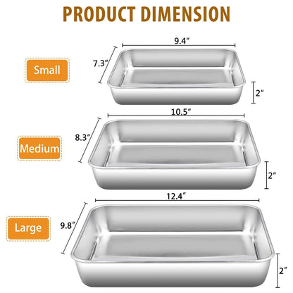 E-far Baking Pans Set of 3, Stainless Steel Sheet Cake Pan for Oven - 12.5/10.5/9.4Inch, Rectangle Bakeware Set for Cake Lasagna Brownie Casserole Cookie, Non-toxic & Healthy, Dishwasher Safe - CookCave