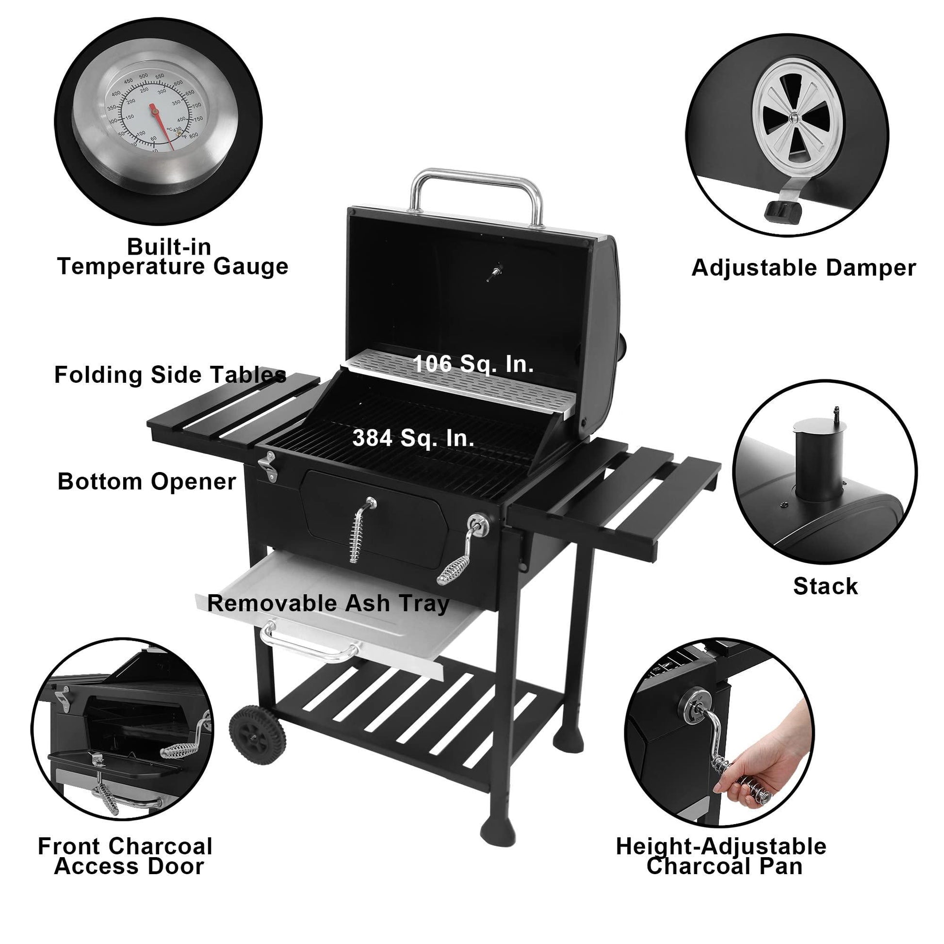 Royal Gourmet CD1824EN 24” Charcoal Grill Outdoor Smoker with Side Tables Backyard Griller Party BBQ Picnic Patio Cooking, Black - CookCave