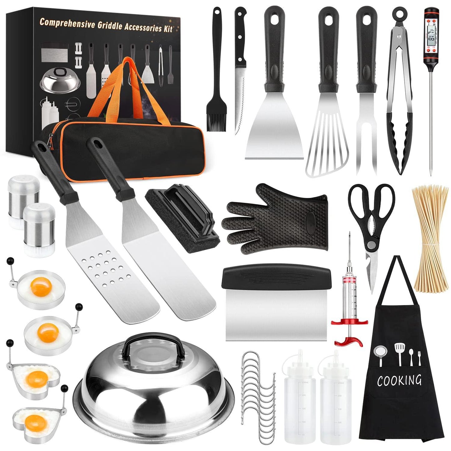 Griddle Accessories Kit, 135 Pcs Griddle Grill Tools Set for Blackstone and Camp Chef, Professional Grill BBQ Spatula Set with Basting Cover, Spatula, Scraper, Bottle, Tongs, Egg Ring - CookCave