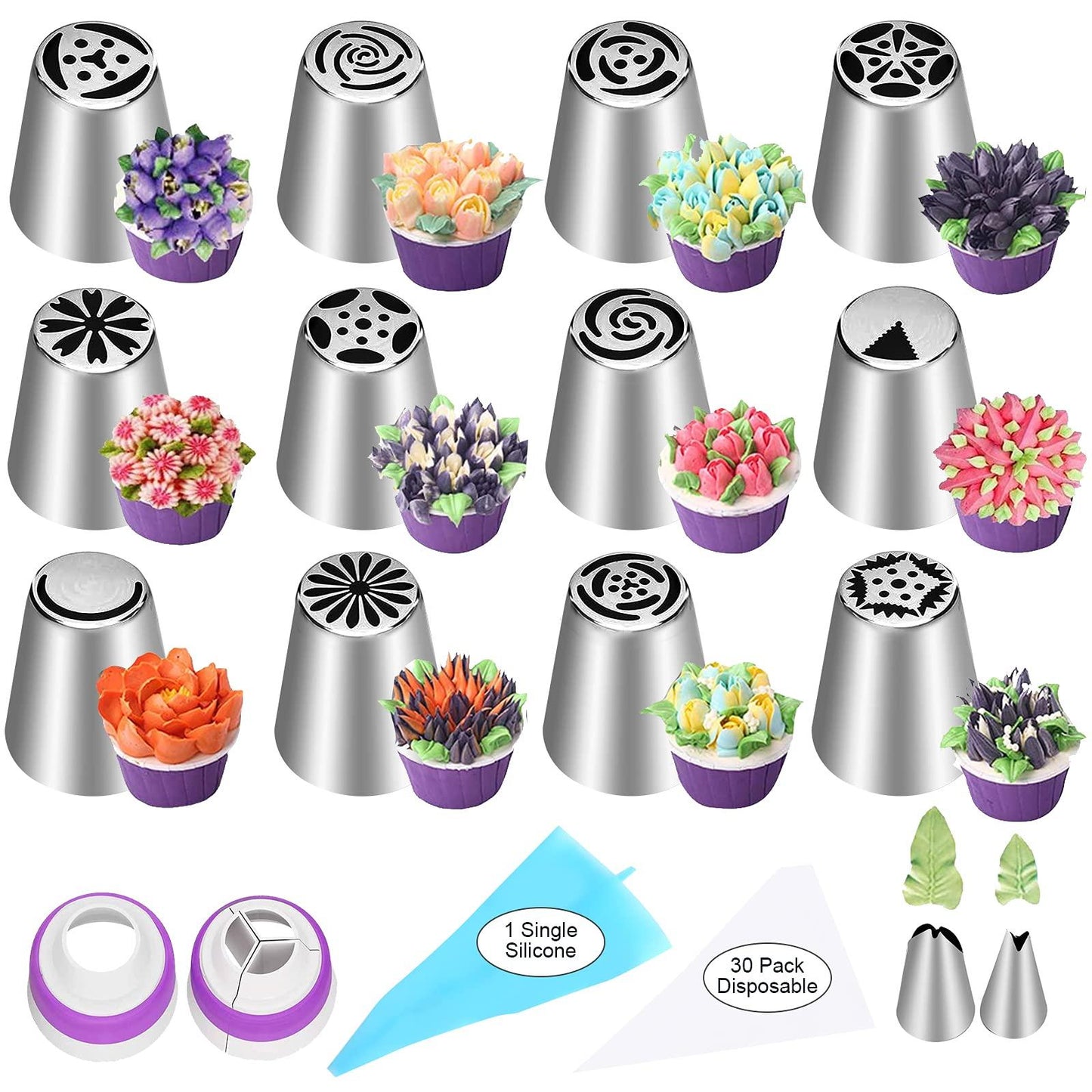 47 Pcs Russian Piping Tips Set, 12 Flower Frosting Nozzles Icing Tips for Cake Decorating Tips Kit, Baking Supplies for Cookie Cupcake, 2 Leaf Piping Tips 2 Couplers 30 Pastry Baking Bags YLYL - CookCave