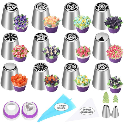 47 Pcs Russian Piping Tips Set, 12 Flower Frosting Nozzles Icing Tips for Cake Decorating Tips Kit, Baking Supplies for Cookie Cupcake, 2 Leaf Piping Tips 2 Couplers 30 Pastry Baking Bags YLYL - CookCave