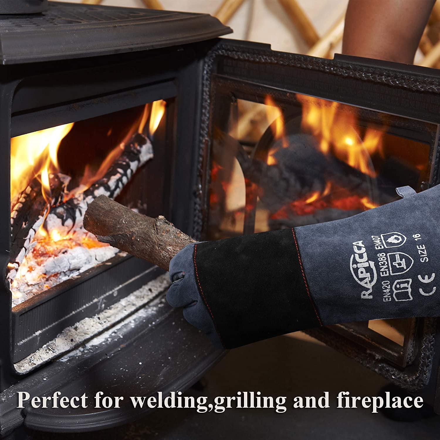 RAPICCA Fireplace Gloves Fire Heat Resistant: Dark-Grey 16IN 932℉ - Fireproof Leather for Fireplace Fire pit Wood stove Campfire Furnace BBQ Grill Stick Mig Welding Welder Gear - one size - CookCave