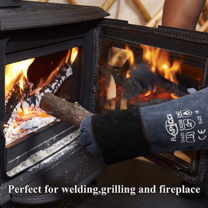 RAPICCA Fireplace Gloves Fire Heat Resistant: Dark-Grey 16IN 932℉ - Fireproof Leather for Fireplace Fire pit Wood stove Campfire Furnace BBQ Grill Stick Mig Welding Welder Gear - one size - CookCave