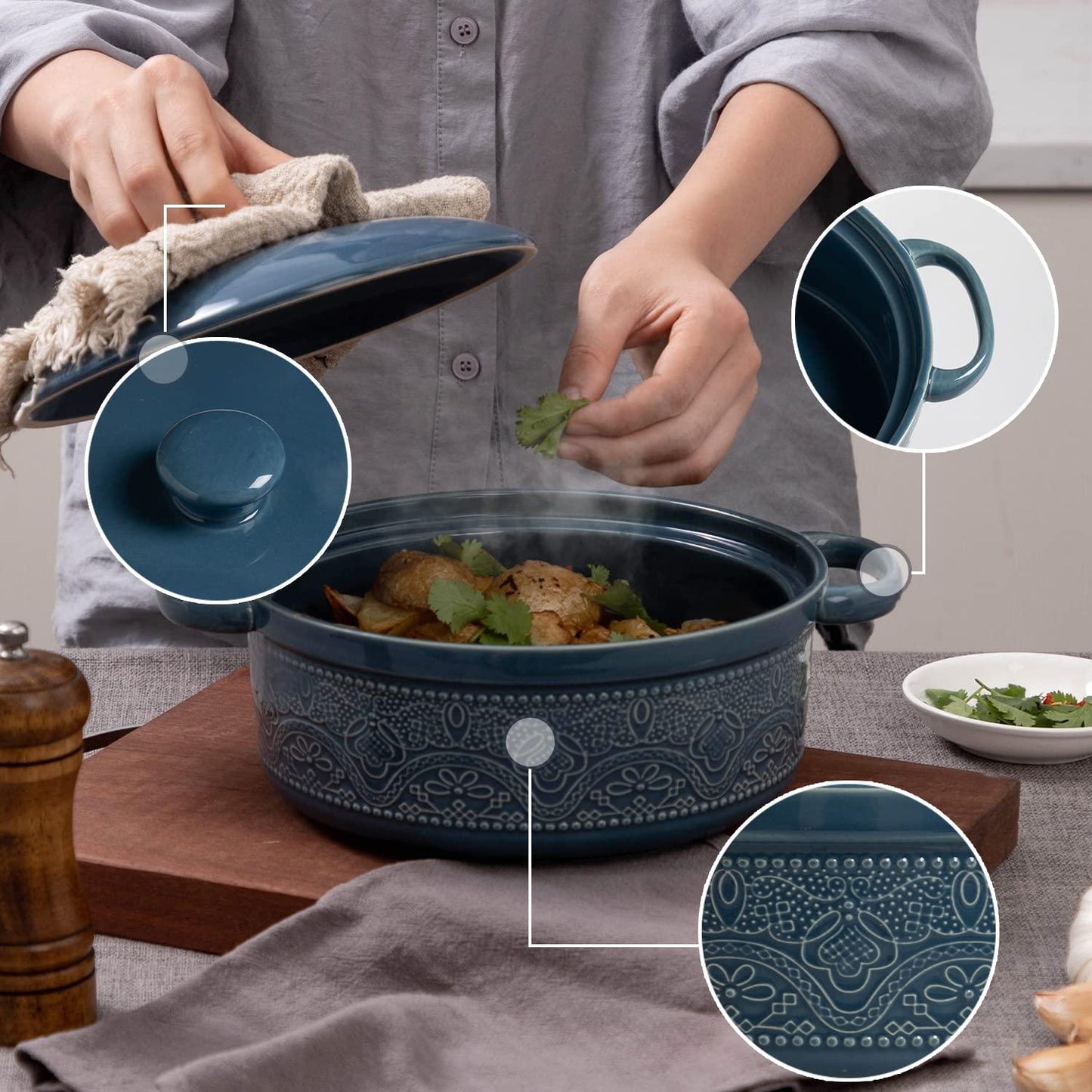 FUN ELEMENTS Lace Emboss Casserole Dish with Lid, 2 Quart Oven to Table Ceramic Round Serving Dish with Handles for Dinner and Party(Grayish Blue) - CookCave
