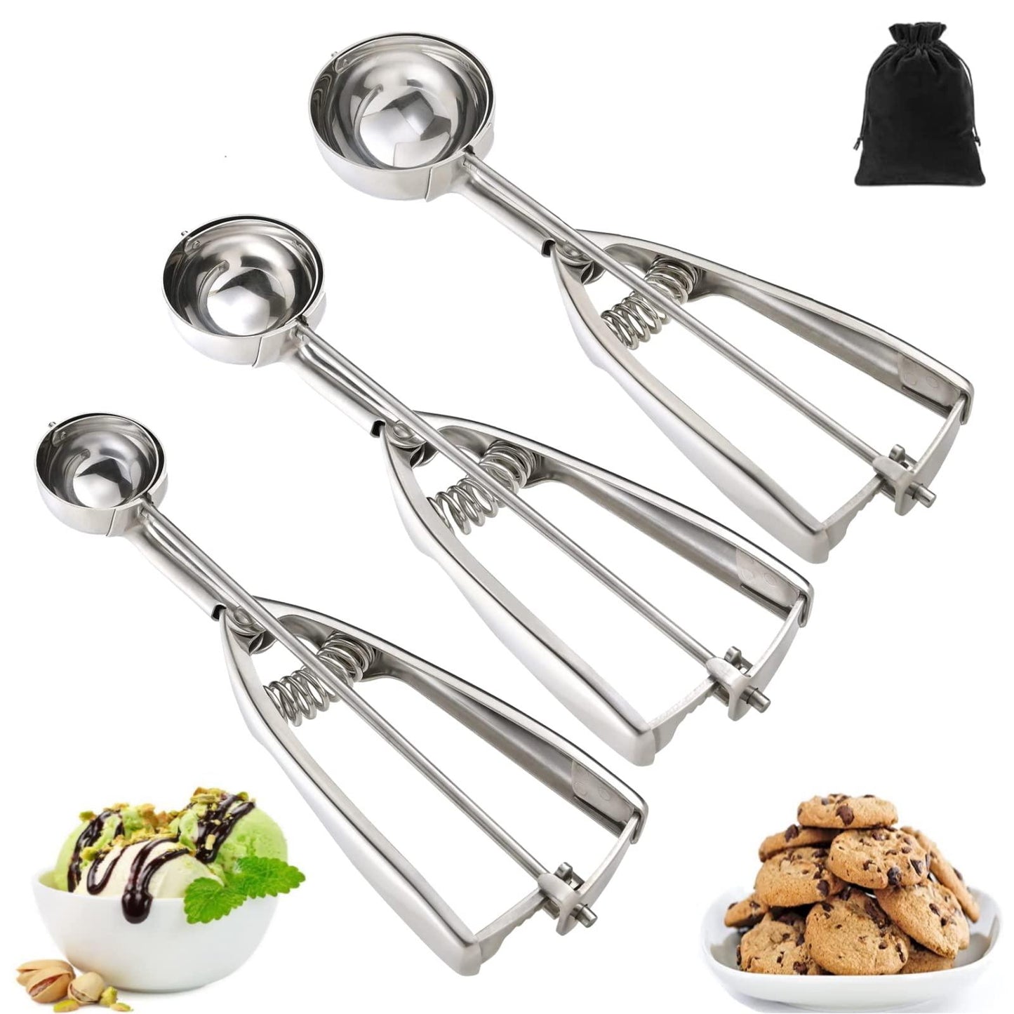 Ice Cream Scoop, 3Pcs Cookie Scoop Set, 18/8 Stainless Steel Cookie Dough Scoop, Cookie Scoops for Baking Set of 3, Ice Cream Scooper with Trigger Release, Cookie Scooper for Baking, Cupcake Scoop - CookCave