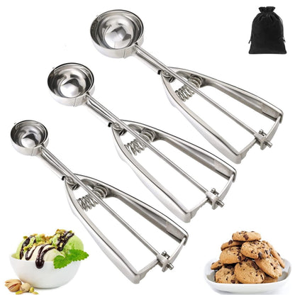 Ice Cream Scoop, 3Pcs Cookie Scoop Set, 18/8 Stainless Steel Cookie Dough Scoop, Cookie Scoops for Baking Set of 3, Ice Cream Scooper with Trigger Release, Cookie Scooper for Baking, Cupcake Scoop - CookCave