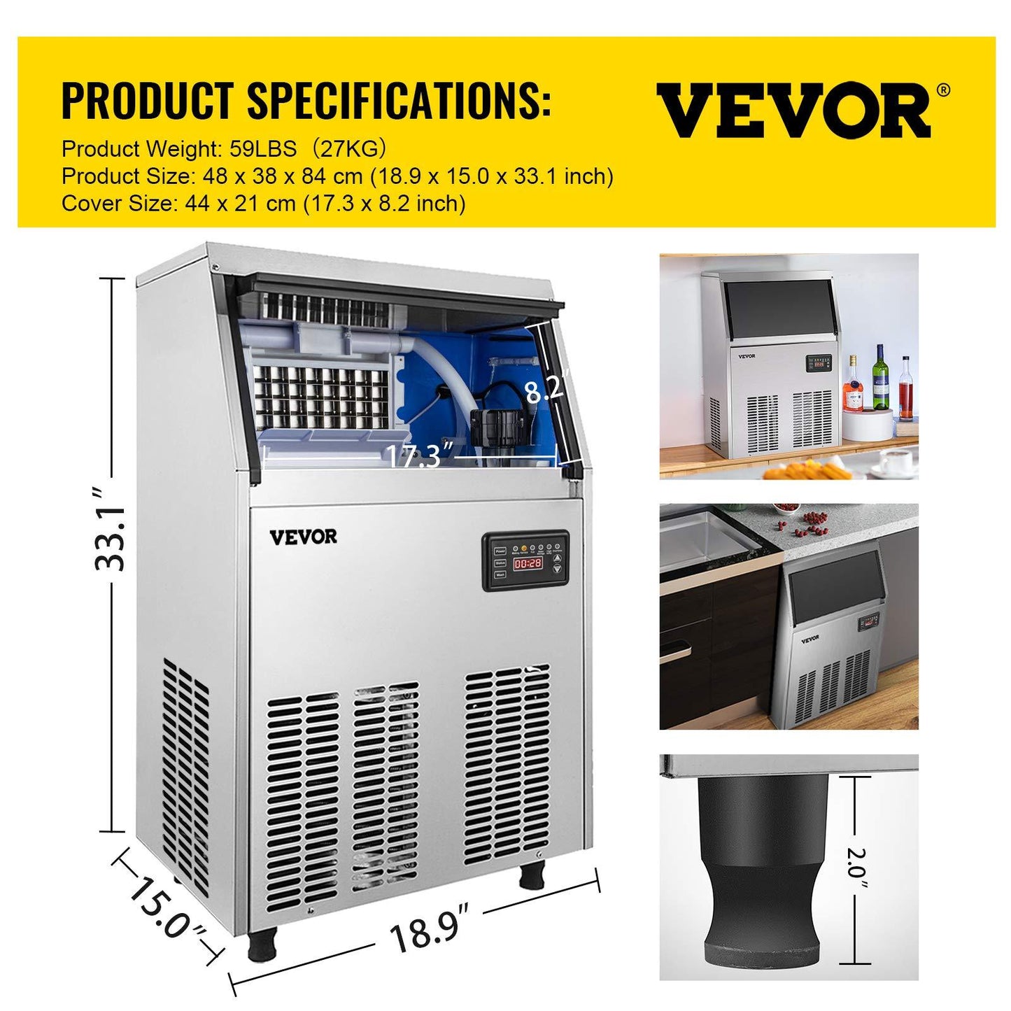 VEVOR 110V Commercial Ice Maker 90-100LBS/24H with 33LBS Bin Full Heavy Duty Stainless Steel Construction, Automatic Operation, Clear Cube for Home Bar, Include Water Filter, Scoop, Connection Hose - CookCave