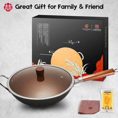 WANGYUANJI Carbon Steel Wok,14.2" Wok Pan with Lid, Woks & Stir-Fry Pans No Chemical Coated Wok for Induction, Electric, Gas, Halogen All Stoves-Practical Gift Flat Bottom Iron Wok - CookCave