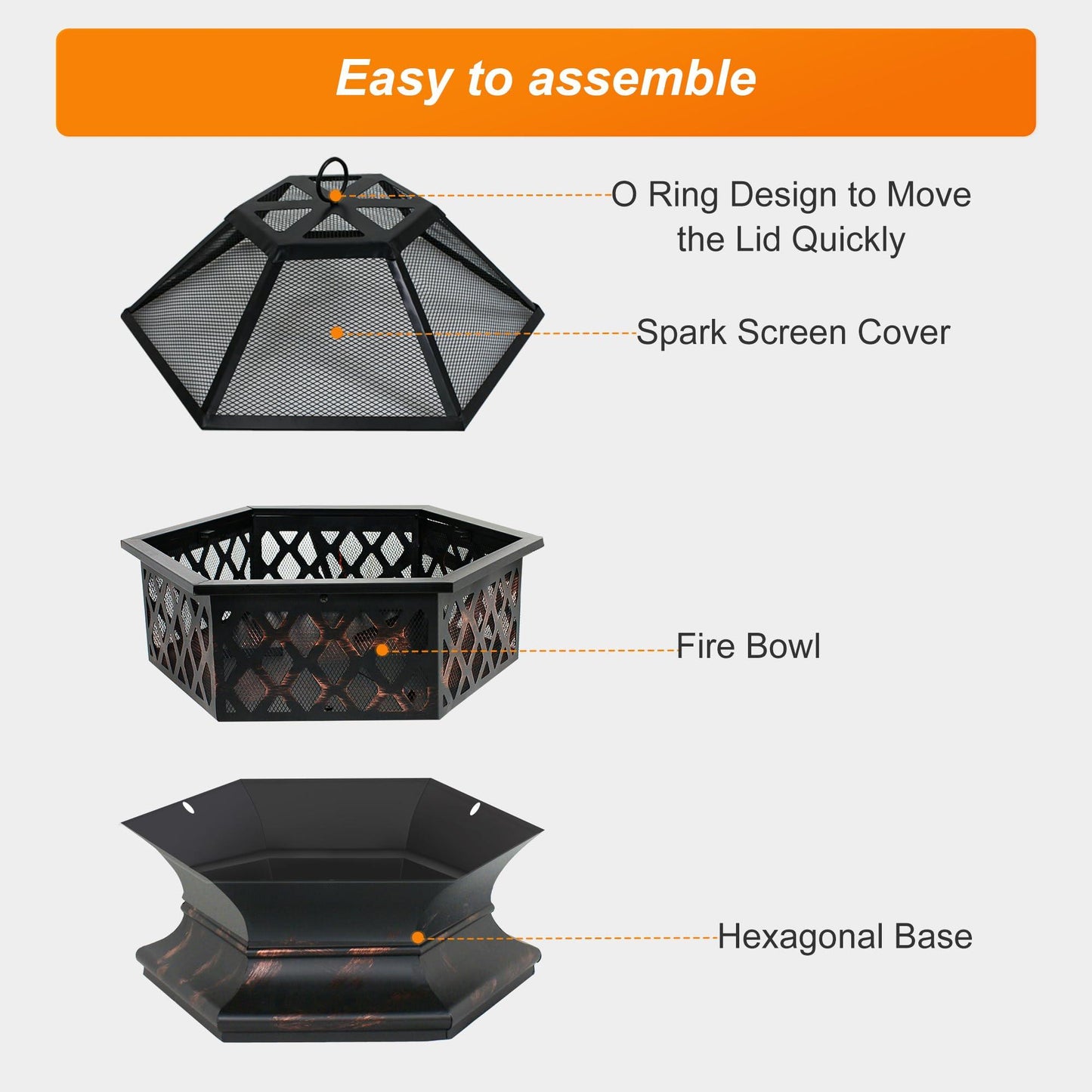 F2C Hex-Shaped Fire Pit with Fire Picker for Garden 24 Inch Wood Burning Bonfire Firebowl Outdoor Portable Steel Firepit with Flame-Retardant Mesh Lid for Patio Backyard Garden Beach Camping Picnic - CookCave