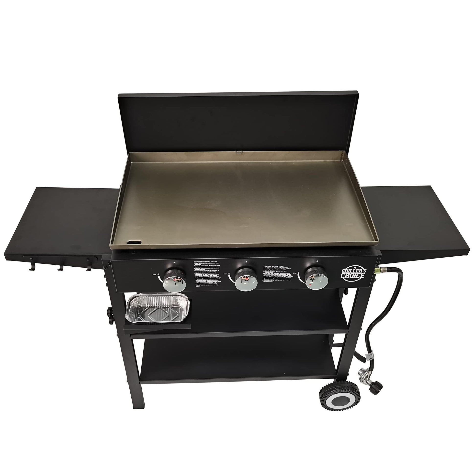 Griller's Choice Outdoor Griddle Grill Propane Gas Flat Top - Hood Included, 4 Shelves, Disposable Grease Cups, 36,000 BTU's, Large Cooking Area, Paper Towel Holder. - CookCave