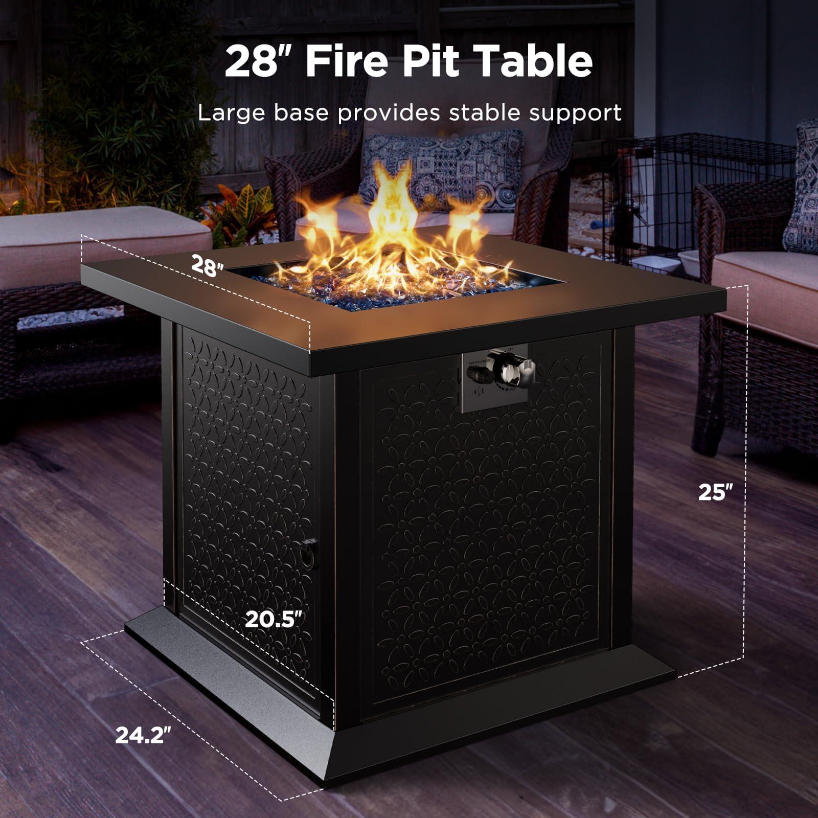 Ciays 28″ Fire Pit Table, Propane Fire Pit with Cup Holders & Hanging Shelf, 50,000 BTU Gas Fire Pit with Glass Stones & Nylon Dust Cover, Quick Ignition System, Patio/Porch/Deck Fire Pit, CIFPT10B - CookCave