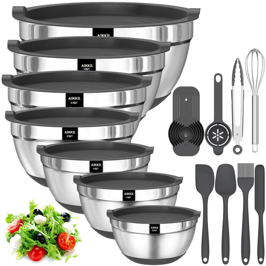 AIKKIL Mixing Bowls with Airtight Lids, 20 piece Stainless Steel Metal Nesting Bowls, Non-Slip Silicone Bottom, Size 7, 3.5, 2.5, 2.0,1.5, 1,0.67QT Great for Mixing, Baking, Serving (Grey) - CookCave