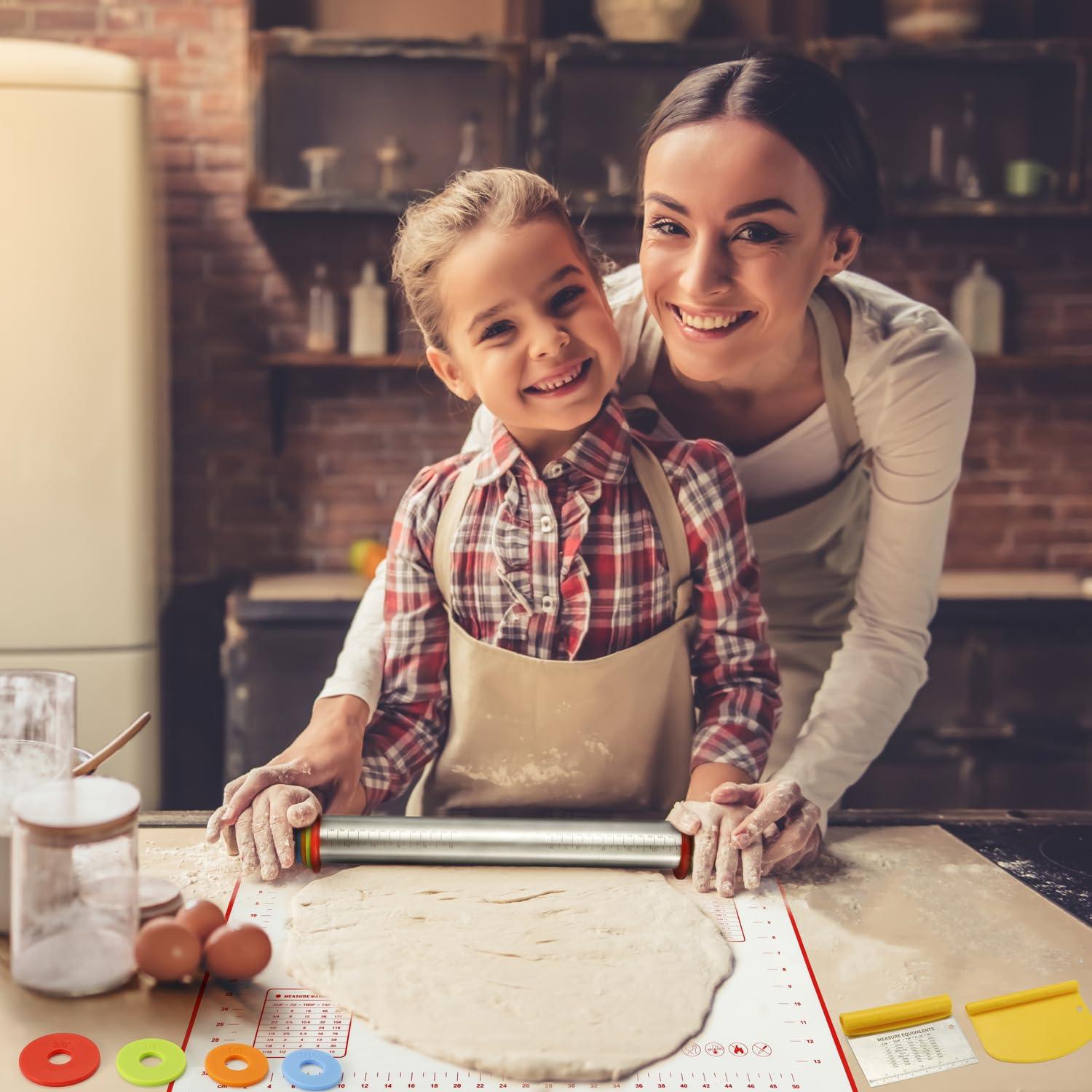 Silicone Rolling Pin Set with Adjustable Thickness Rings, Large Silicone Baking Pastry Mat & Stainless Steel Dough Roller with Rings & Bench Scraper - For Pizza, Cookies, Pie, Pasta, Pastries - CookCave