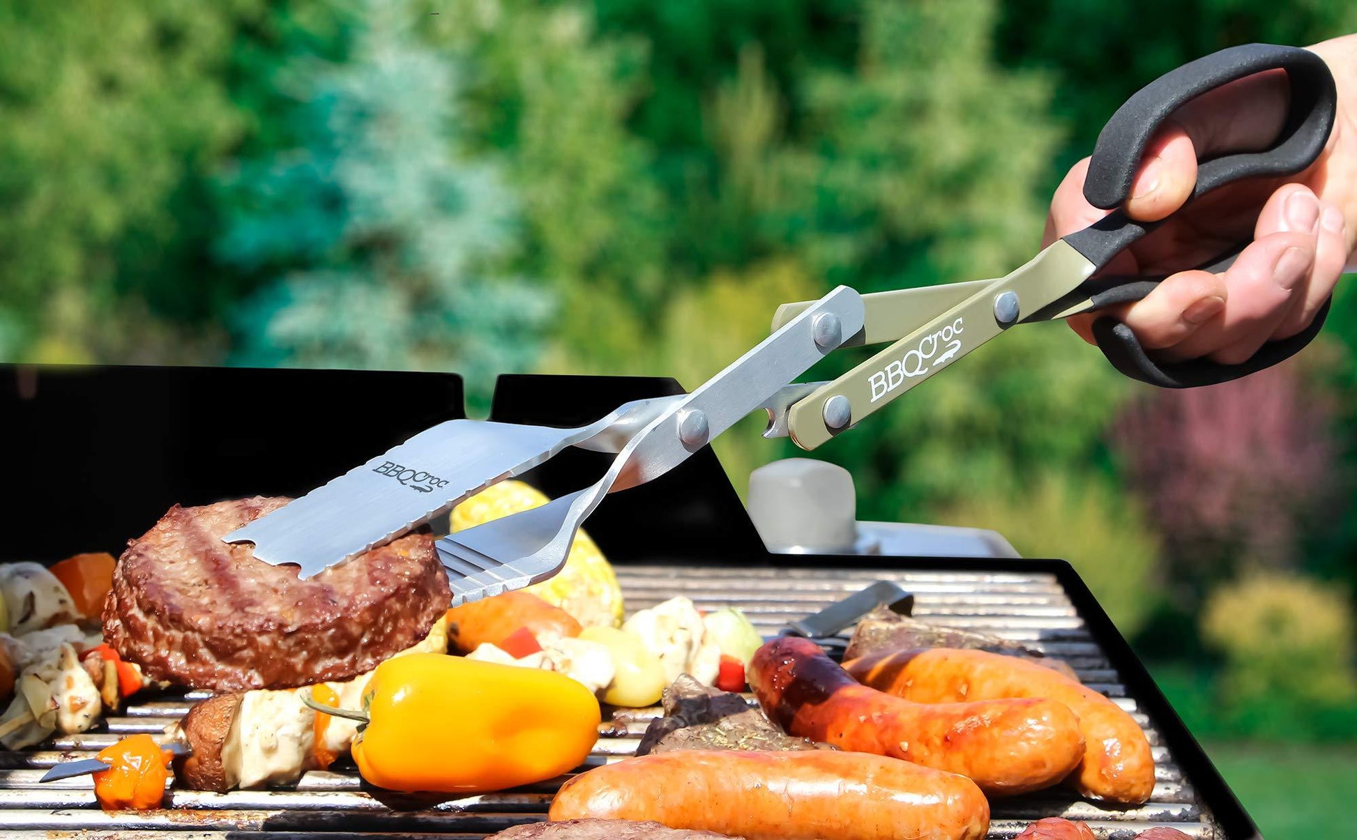 BBQ Croc 3 in 1 Barbecue Tool 15-inch - Extra Light Tongs, Spatula and Grill Scraper (Green/Greige) (15 inch Without Flashlight) - CookCave