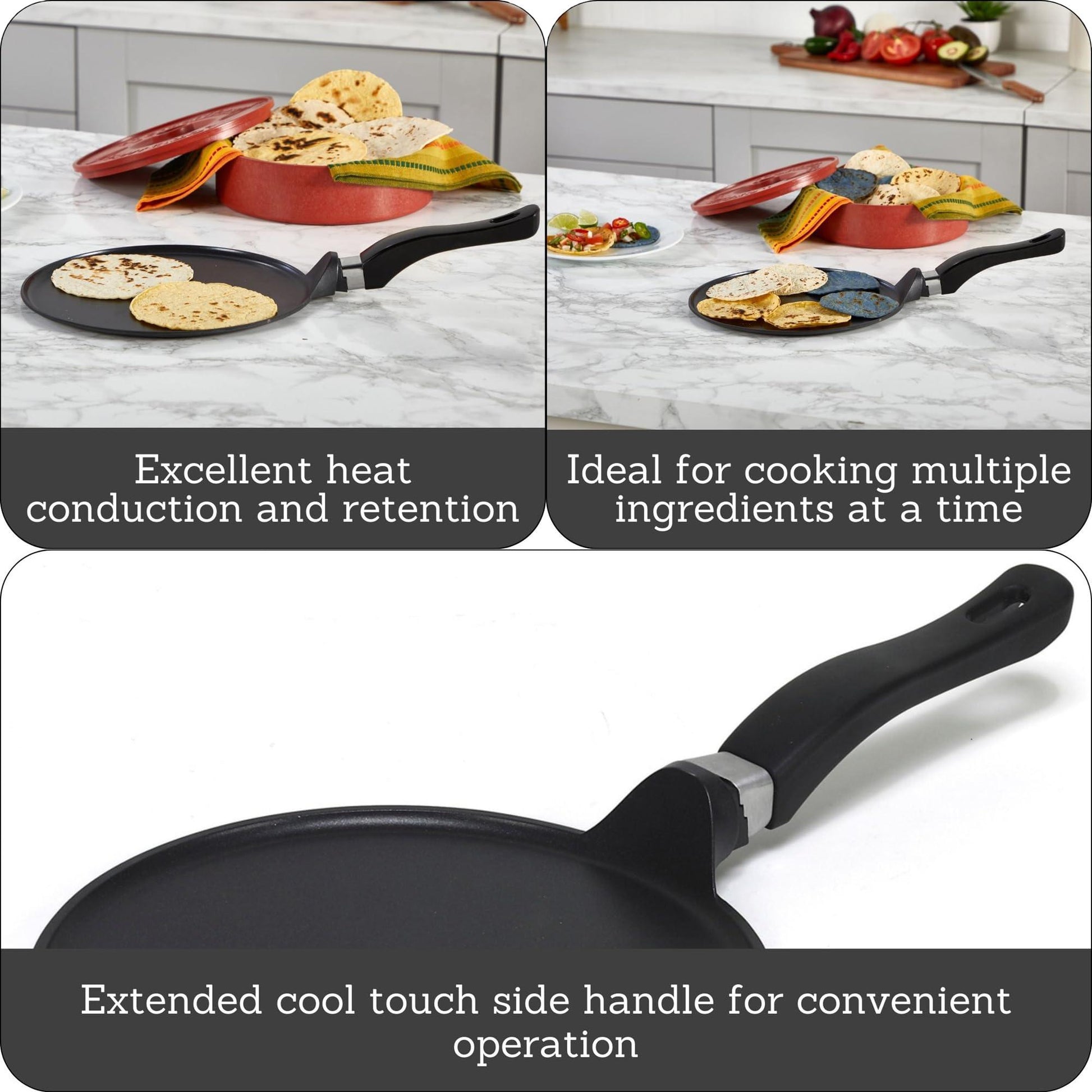 IMUSA USA 9.5" Nonstick Soft Touch Comal/Griddle with Soft Touch Handle, Black - CookCave