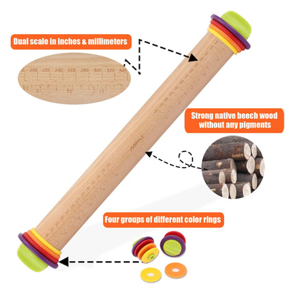 Mepple Rolling Pin with Thickness Rings and Pastry Baking Mat, 13.6" Adjustable Rolling Pin Wood Dough Roller for Baking Cookie Pizza, Comes with Large Silicone Pastry Mat, Kitchen Baking Tools - CookCave