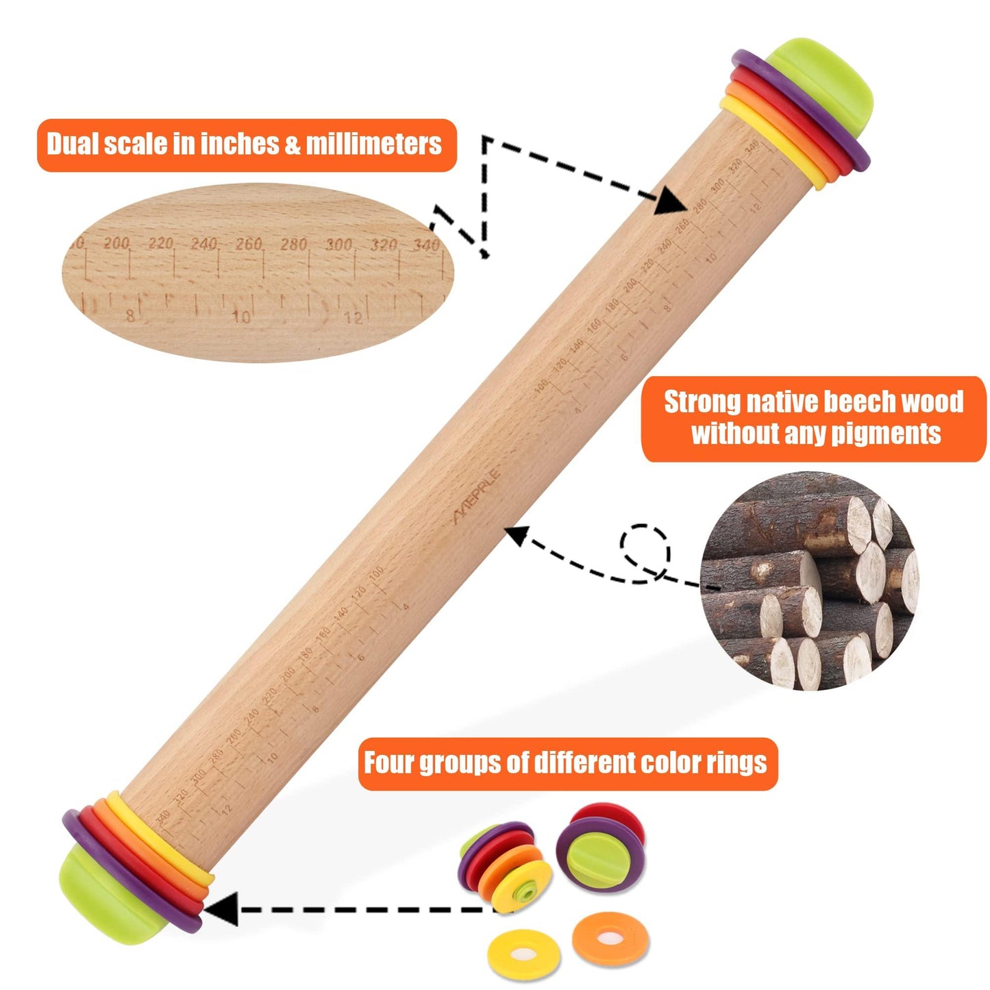 Mepple Rolling Pin with Thickness Rings for Fondant, Pizza, Pie Crust, Cookie, Pastry, Roller Rod for Dough Thickness, Adjustable Rolling Pin for Baking, Wood Rolling Pin 13.6" with 4 Thickness Rings - CookCave