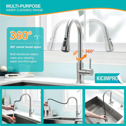 Kicimpro Kitchen Faucet with Pull Down Sprayer Brushed Nickel, High Arc Single Handle Sink Faucet with Water Lines, Commercial Modern rv Stainless Steel, Grifos De Cocina - CookCave