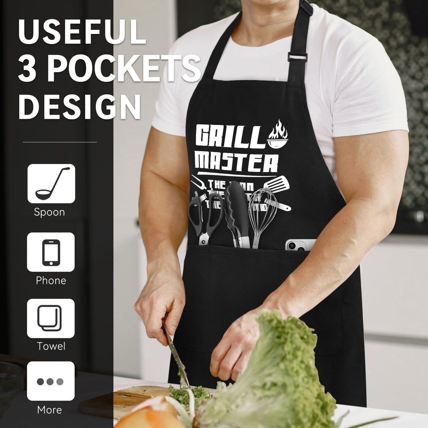 Riqiaqia Gifts for Men, Chef Apron with 3 Pockets, Adjustable Dad Aprons, Perfect for Kitchen Cooking, BBQ, Grilling, Birthday Christmas Valentine's Day Gifts for Husband, Dad - CookCave