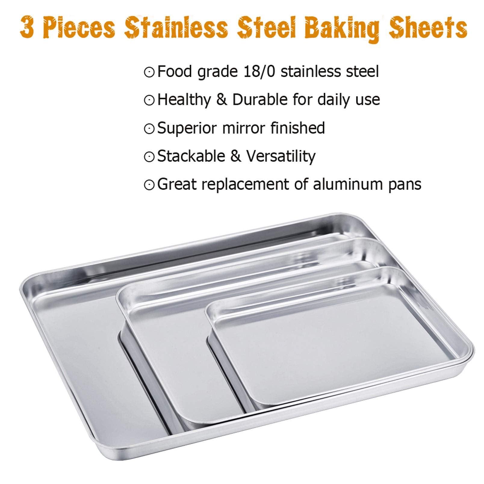 TeamFar Baking Sheet Set of 3, Stainless Steel Cookie Sheet Baking Tray Pan, Healthy & Non Toxic, Mirror Finish & Rust Free, Easy Clean & Dishwasher Safe - CookCave