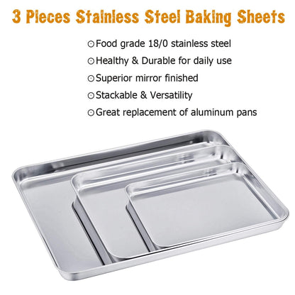 TeamFar Baking Sheet Set of 3, Stainless Steel Cookie Sheet Baking Tray Pan, Healthy & Non Toxic, Mirror Finish & Rust Free, Easy Clean & Dishwasher Safe - CookCave