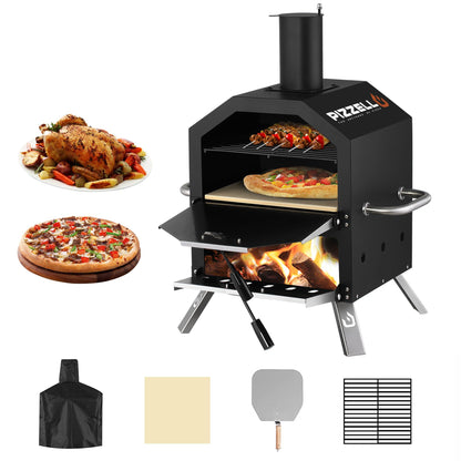 Pizzello Outdoor Pizza Oven Wood Fired 2-Layer Pizza Ovens Outside Pizza Maker with Stone, Pizza Peel, Cover,Removable Cooking Rack for Camping Backyard BBQ (Black) - CookCave