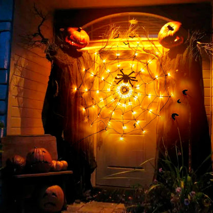 Vanthylit Halloween Spider Web Lights with Black Spider, 70 LED Waterproof Orange Light Up Spiderweb, Halloween Lights for Window Room Indoor Outdoor Decorations - CookCave