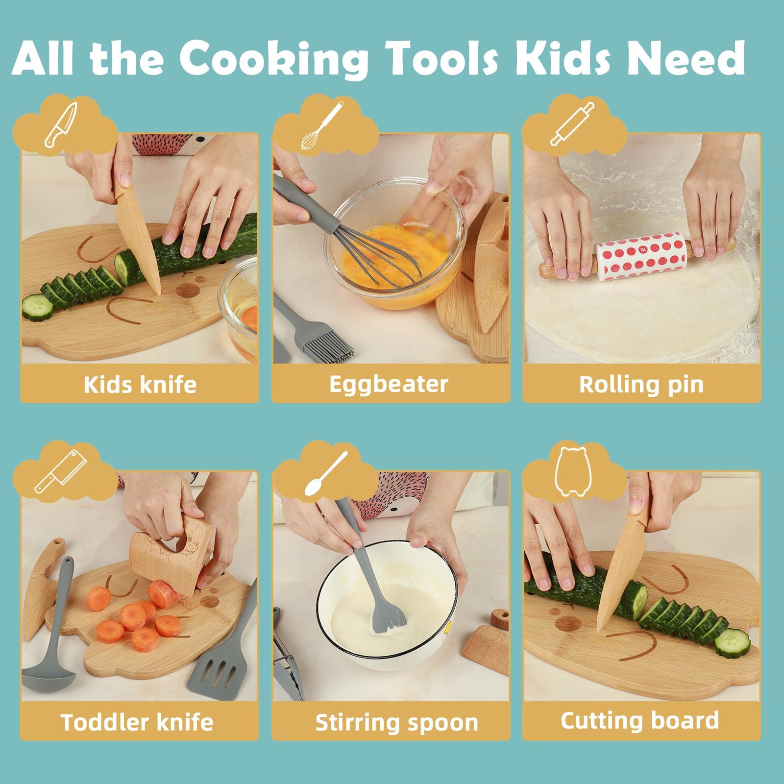 Cobeda Kids Knife Set for Real Cooking and Baking , Montessori Kitchen Tools, 11 Pieces Toddler Cutting Board and Knife Set with Kids Apron - CookCave