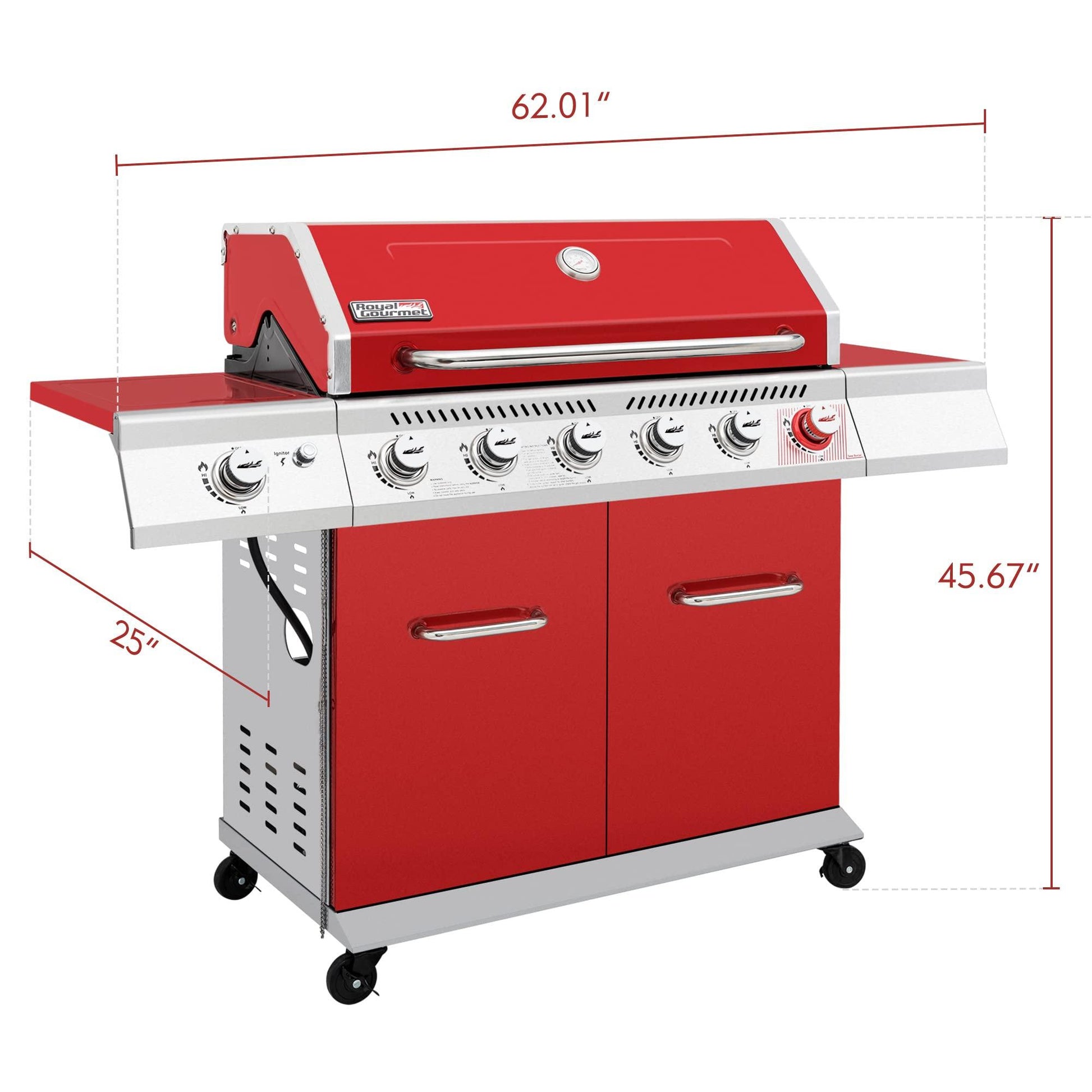 Royal Gourmet GA6402R 6-Burner BBQ Propane Gas Grill with Sear Burner and Side Burner, 74,000 BTU, Cabinet Style Barbecue Grill for Outdoor Grilling and Backyard Cooking, Red - CookCave