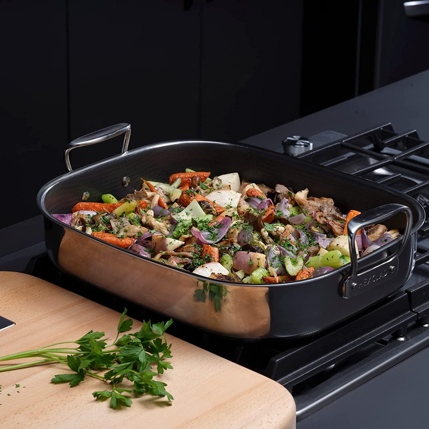 HexClad Hybrid Nonstick Roasting Pan with Rack, Dishwasher and Oven Friendly, Compatible with All Cooktops - CookCave