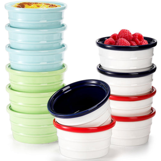 Okllen Set of 12 Ceramic Souffle Dishes, 6 oz Creme Brulee Ramekins, Custard Cups Oven Safe Ramekins Bowls for Baking Souffle, Pudding, 4 Color - CookCave