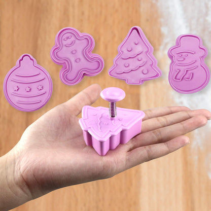 Mini 3D Christmas Cookie Cutters Set, Christmas Holiday Fondant Biscuit Pastry Cookie Cutter Stamp, Xmas Spring-loaded Handle Cutter Shape with Santa, Christmas Tree, Bell, Gingerbread Man (4 PCS) - CookCave