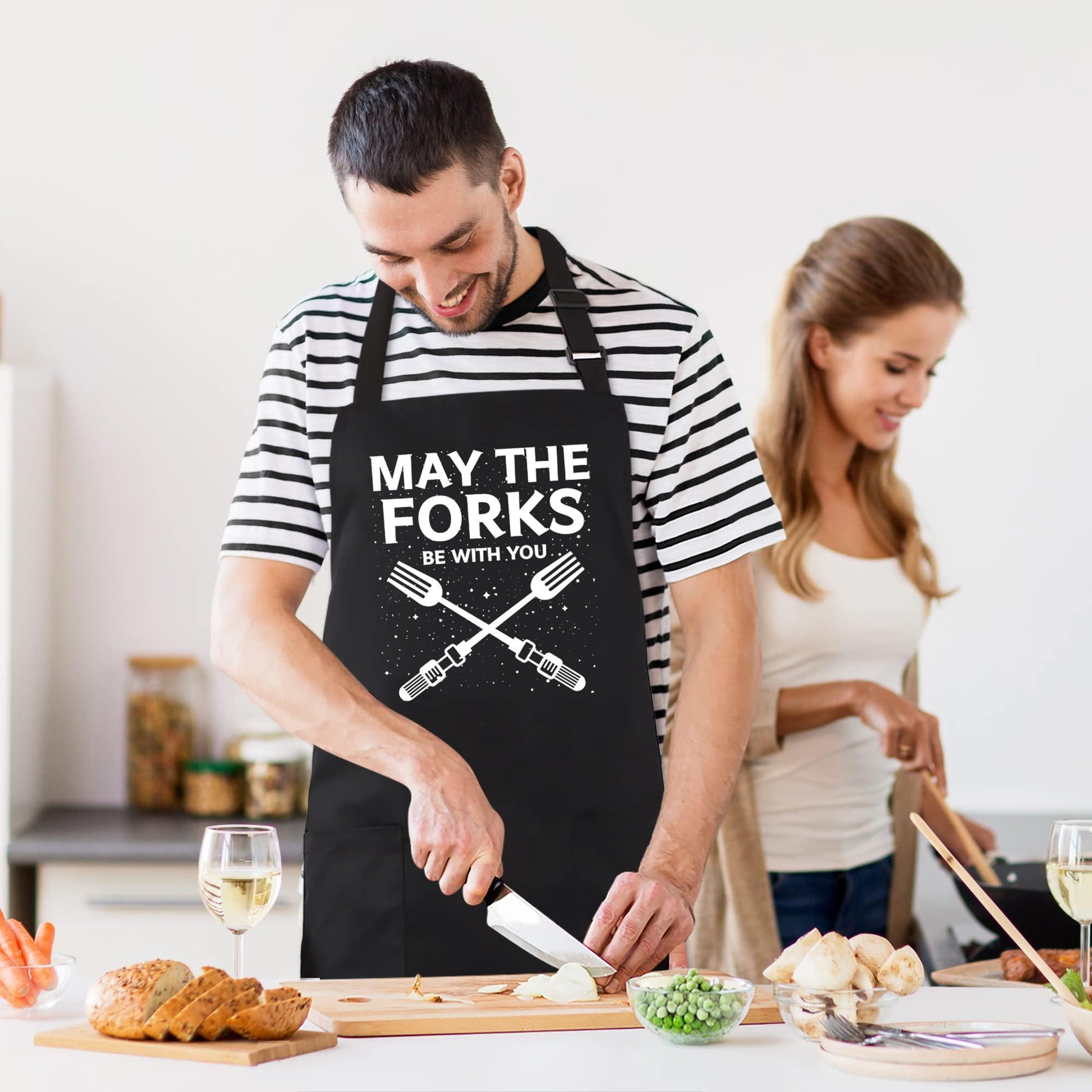 Kaidouma Funny Grill Aprons for Men - May The Forks Be With You - Men’s Funny Chef Cooking Grilling BBQ Aprons with 2 Pockets - Birthday Father’s Day Christmas Gifts for Dad, Husband, Movie Fans - CookCave