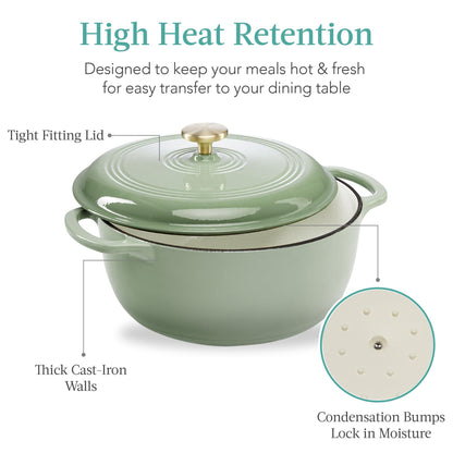 Best Choice Products 6 Quart Enamel Cast-Iron Round Dutch Oven, Family Style Heavy-Duty Pre-Seasoned Cookware for Home, Kitchen, Dining Room, Oven Safe w/Lid, Dual Handles - Sage Green - CookCave