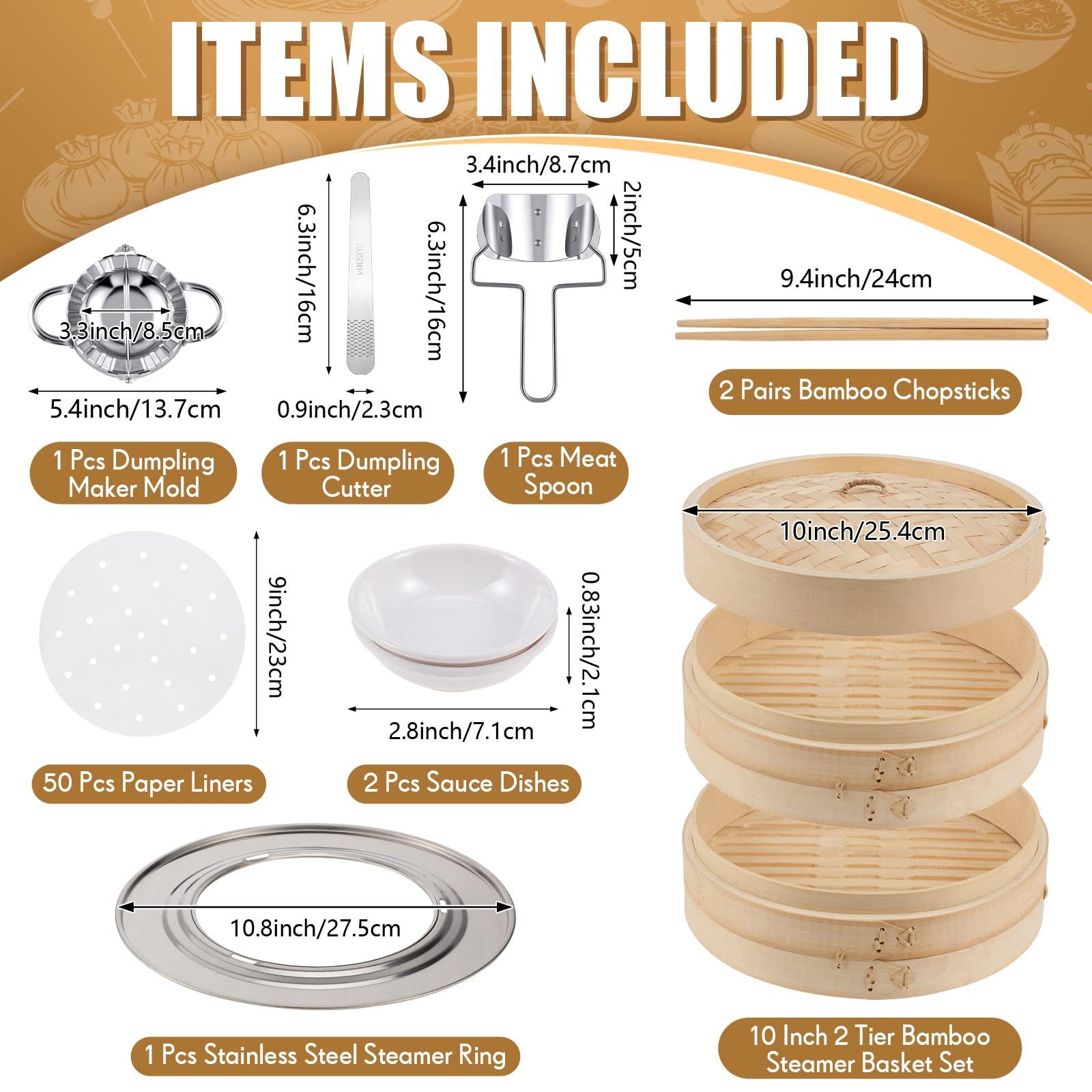 2 Tier Bamboo Steamer Basket Set Including Stainless Steel Steamer Ring Dumpling Maker Mold and Cutter Meat Spoon 2 Pairs Bamboo Chopsticks 2 Pcs Sauce Dish 50 Pcs Paper Liners for Kitchen (10 Inch) - CookCave