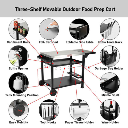 Feasto 3-Shelf Movable Outdoor Prep Table, Pizza Oven Table, BBQ Grilling Table,Grill Cart with Side Table, Home & Outdoor Stainless Steel Table Top Grill Table on 2 Wheels, L50 xW21.7 xH33 - CookCave